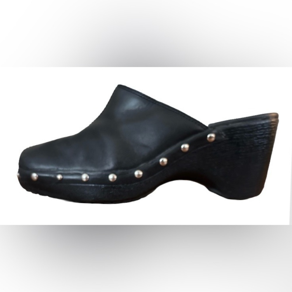 Connie Tackle Y2K Blk clogs w wdge heel & silver studs WM 7.5 hippie 70’s